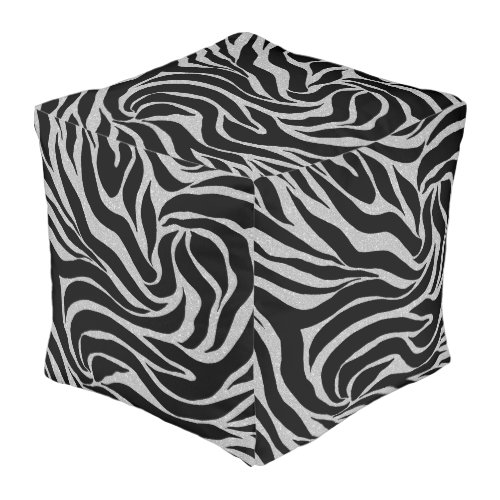 Elegant Black Glitter Silver Zebra Animal Print Pouf