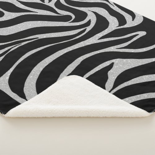 Elegant Black Glitter Silver Zebra Animal Print Sherpa Blanket