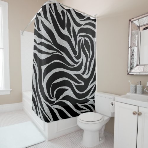 Elegant Black Glitter Silver Zebra Animal Print Shower Curtain