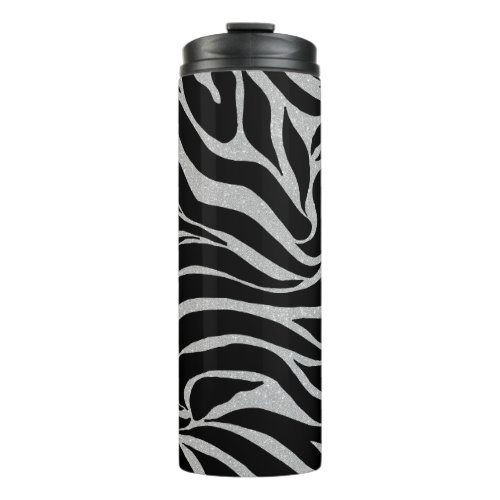 Elegant Black Glitter Silver Zebra Animal Print Thermal Tumbler