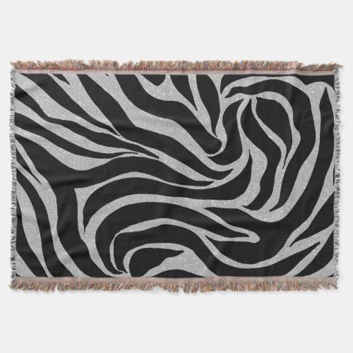 Elegant Black Glitter Silver Zebra Animal Print Throw Blanket