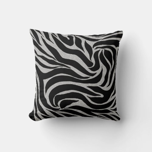 Elegant Black Glitter Silver Zebra Animal Print Throw Pillow