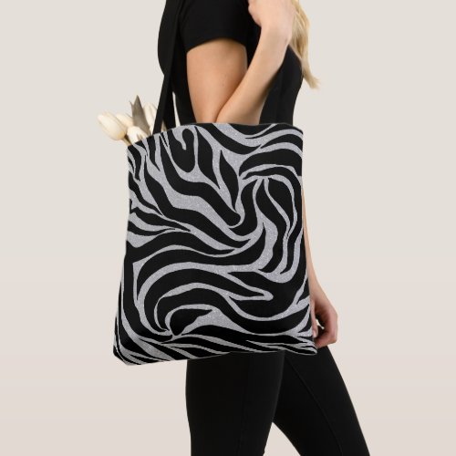 Elegant Black Glitter Silver Zebra Animal Print Tote Bag