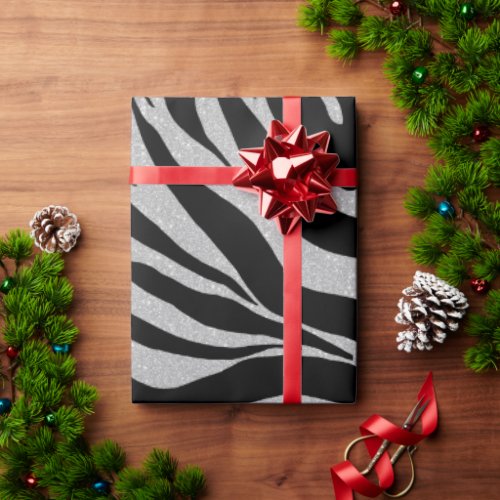 Elegant Black Glitter Silver Zebra Animal Print Wrapping Paper