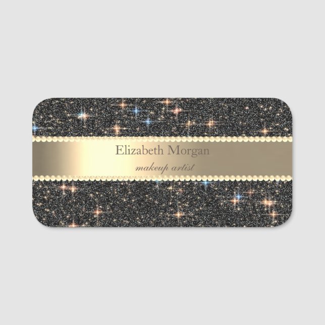 Elegant Black Glitter Sparkle Stripe Pearls Name Tag (Front)
