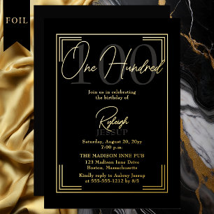 Elegant Black Gold 100th Birthday Art Deco Party Foil Invitation