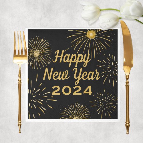 Elegant Black Gold 2024 Happy New Year Party Napkins