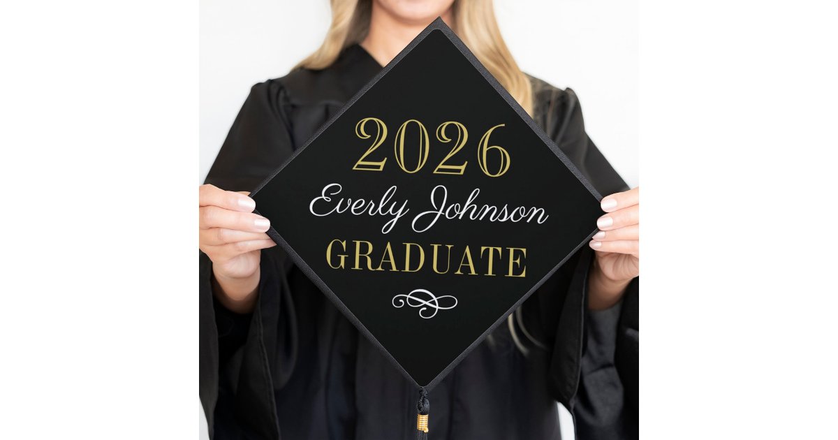 Elegant Black Gold 2026 Graduate Name Graduation Cap Topper | Zazzle