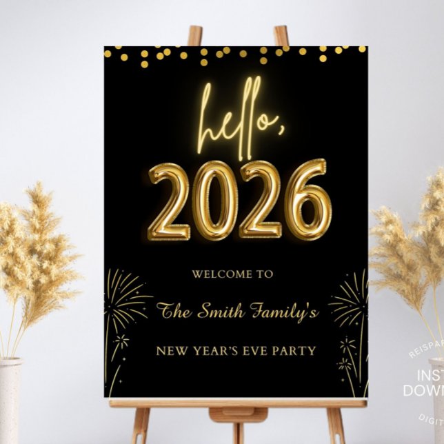 Elegant Black Gold 2026 New Year Welcome Sign (New Year's party welcome sign, New Year's eve party, New Year table decorations, holiday party sign,)