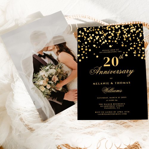 Elegant Black  Gold 20th Wedding Anniversary  Invitation