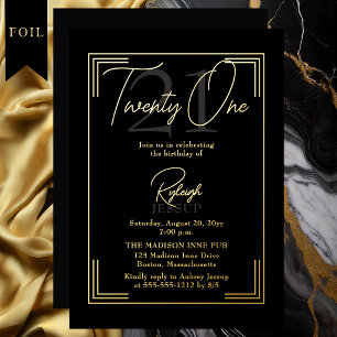 Elegant Black Gold 21st Birthday Art Deco Party Foil Invitation