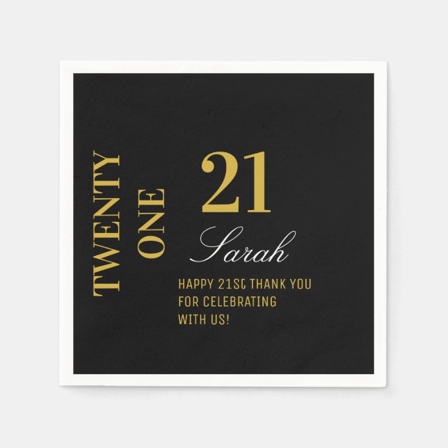 Elegant Black & Gold 21st Birthday Party Cocktail  Napkins (Front)