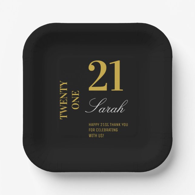 Elegant Black & Gold 21st Birthday Party Cocktail  Paper Plates (Front)
