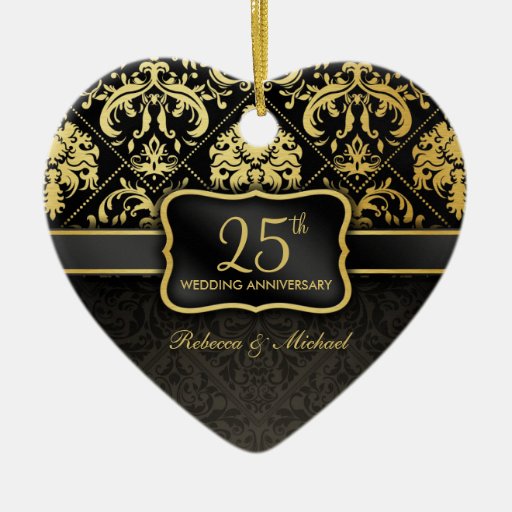 Elegant Black & Gold 25th Wedding Anniversary Ceramic Ornament | Zazzle