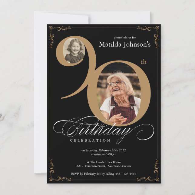 Elegant Black Gold 2 Photo Custom 90th Birthday Invitation (Front)
