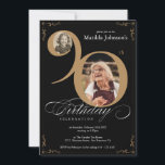 Elegant Black Gold 2 Photo Custom 90th Birthday Invitation<br><div class="desc">Elegant Black Gold 2 Photo Custom 90th Birthday Invitation. And elegantly designed special birthday celebration invitation,  featuring a custom photo of birthday person and script calligraphy with vintage flourish elements. Simple enough to fit a variety of themes and colors!
Need help? Simply contact me!</div>