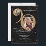 Elegant Black Gold 2 Photo Custom 90th Birthday Invitation<br><div class="desc">Elegant Black Gold 2 Photo Custom 90th Birthday Invitation. And elegantly designed special birthday celebration invitation,  featuring a custom photo of birthday person and script calligraphy with vintage flourish elements. Simple enough to fit a variety of themes and colors!
Need help? Simply contact me!</div>