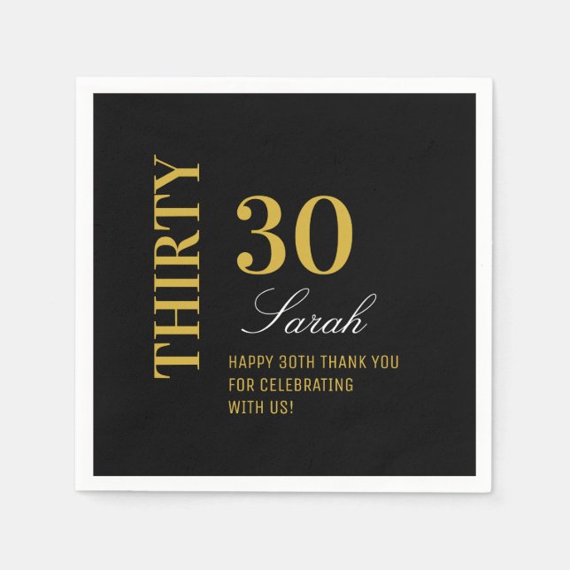 Elegant Black Gold 30 Birthday Cocktail Party  Napkins (Front)