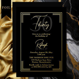 Elegant Black Gold 30th Birthday Art Deco Party Foil Invitation