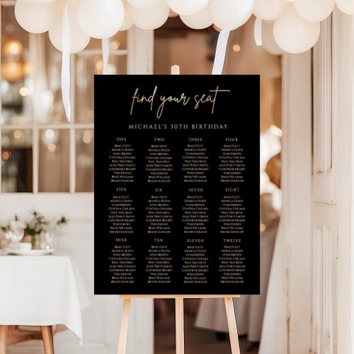 Elegant Black Gold 30th Birthday Seating Chart Foam Board