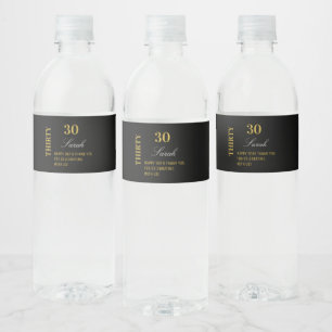 Elegant Black Gold 30th Birthday Thank You Custom Water Bottle Label
