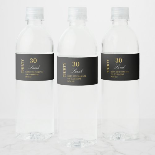 Elegant Black Gold 30th Birthday Thank You Custom  Water Bottle Label