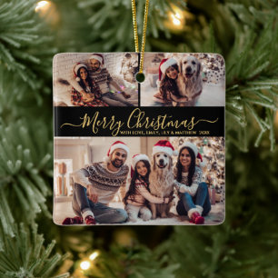 Elegant Black Gold 3 Photo Collage Christmas Ceramic Ornament