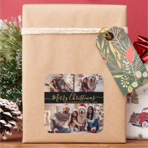 Elegant Black Gold 3 Photo Collage Christmas Square Sticker