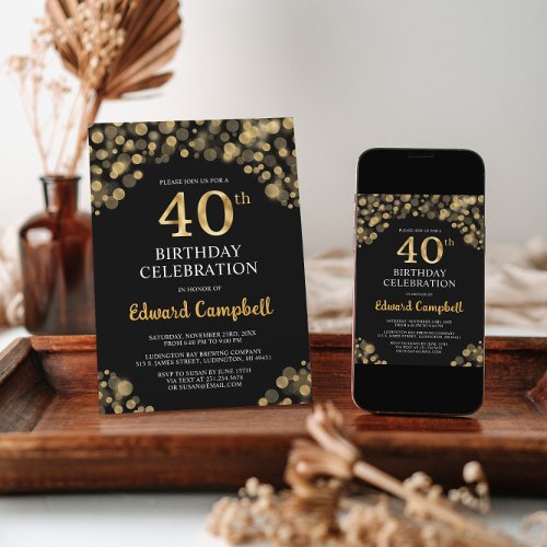 Elegant Black  Gold 40th Birthday Invitation