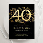 Elegant Black Gold 40th Birthday Invitation<br><div class="desc">Elegant black gold 40th birthday party invitation. Customizable modern feminine design featuring roses botanical accents and faux glitter gold. Simple floral invite card perfect for a stylish female bday celebration. Personalize with your own details. Printed Zazzle invitations or instant download digital printable template.</div>