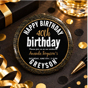 Elegant Black & Gold 40th Birthday Party Button