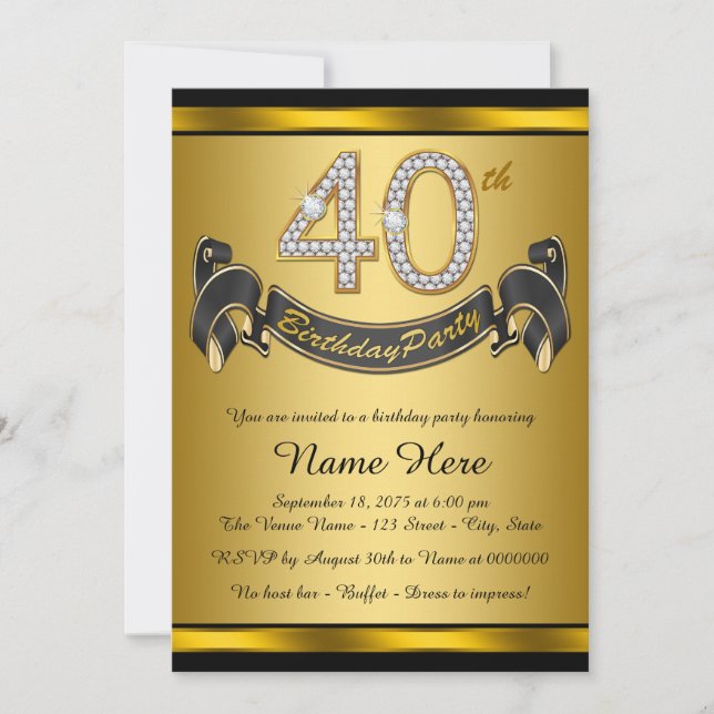 Elegant Black Gold 40th Birthday Party Invitation (Front)