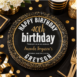 Elegant Black & Gold 40th Birthday Party Paper Plates