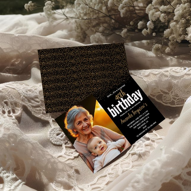 Elegant Black & Gold 40th Birthday Party photo Invitation (Creator Uploaded)