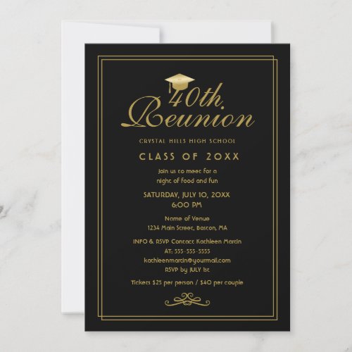 Elegant Black Gold 40th Class Reunion Invitation