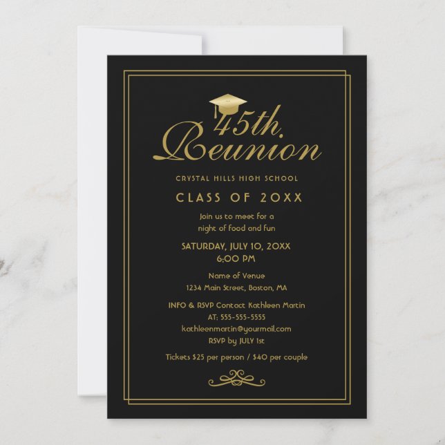 Elegant Black Gold 45th Class Reunion Invitation (Front)