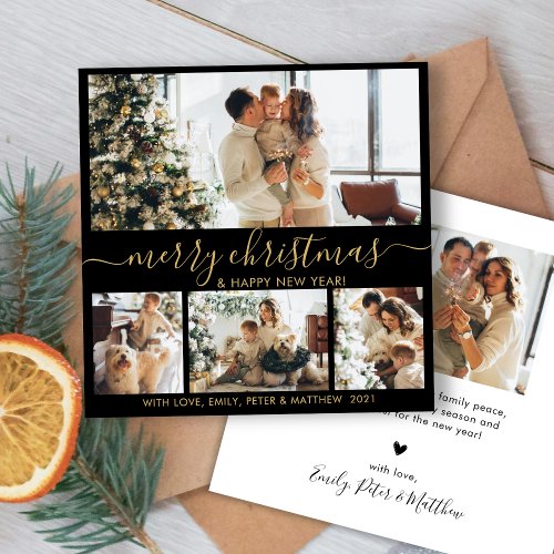 Elegant Black Gold 4 Photo Collage Christmas Holiday Card