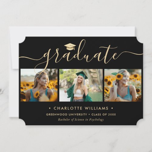 Elegant Black Gold 4 Photo Graduation Announcement