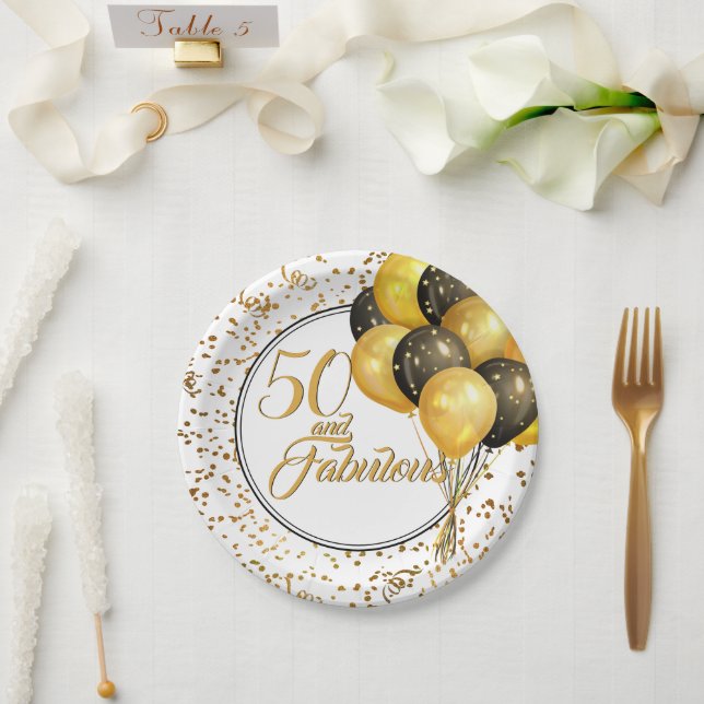 Elegant Black Gold 50 and Fabulous Birthday Paper  Plates (Wedding)