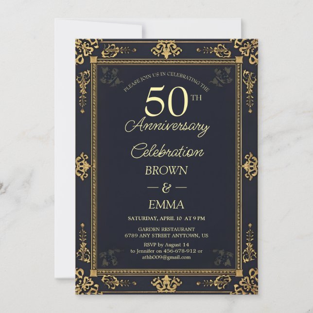 Elegant Black Gold 50th Anniversary Celebration In Invitation (Front)