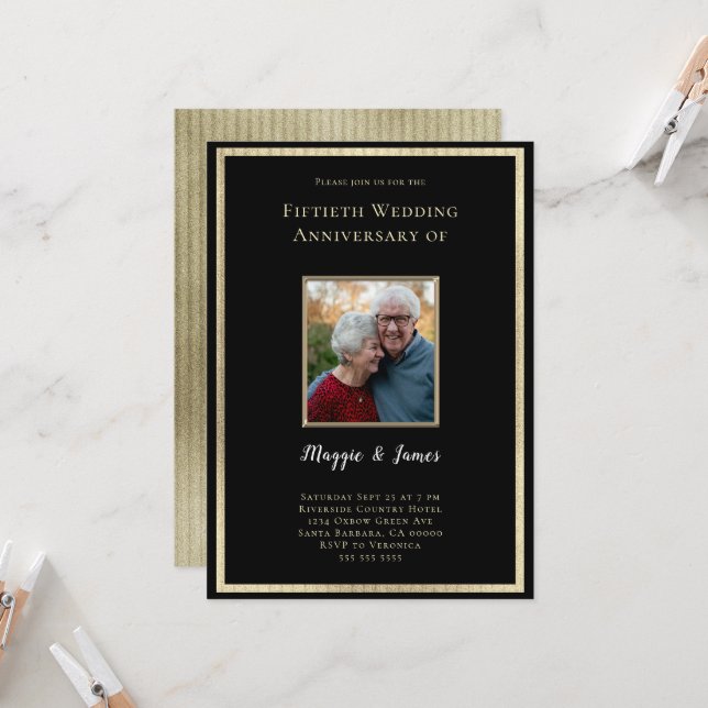 Elegant Black Gold 50th  Anniversary Photo  Invitation (Front/Back In Situ)