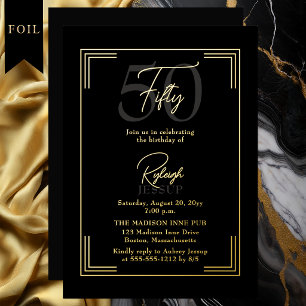 Elegant Black Gold 50th Birthday Art Deco Party Foil Invitation