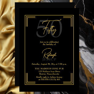 Elegant Black Gold 50th Birthday Art Deco Party Invitation