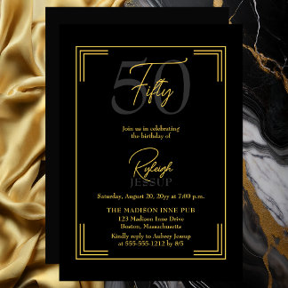 Elegant Black Gold 50th Birthday Art Deco Party Invitation