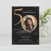 Elegant Black Gold 50th Birthday Custom Photo Invitation (Standing Front)