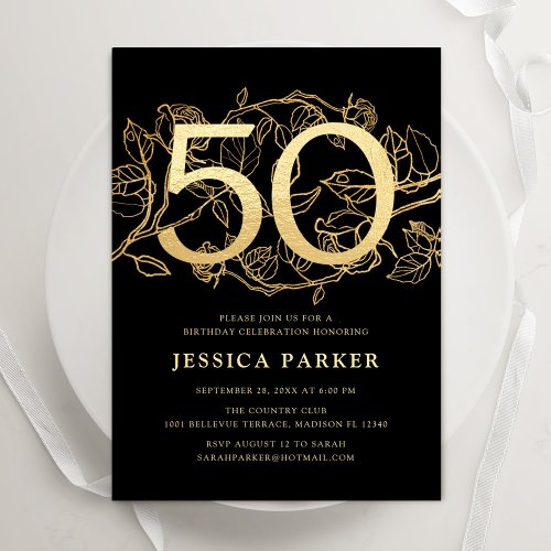 Elegant Black Gold 50th Birthday Invitation