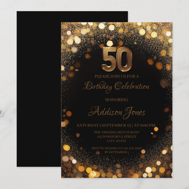Elegant Black & Gold 50th Birthday Invitation (Front/Back)