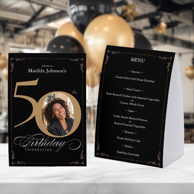 Elegant Black Gold 50th Birthday Menu Paper Table Tent (Elegant Black Gold 50th Birthday Menu Paper Table Tent)