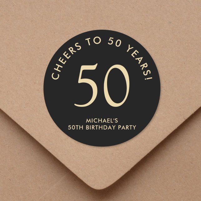 Elegant Black Gold 50th Birthday Party Classic Round Sticker (Creator Uploaded)