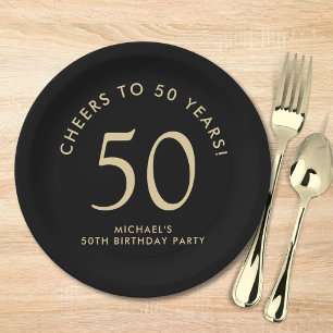 Elegant Black Gold 50th Birthday Party Paper Plates